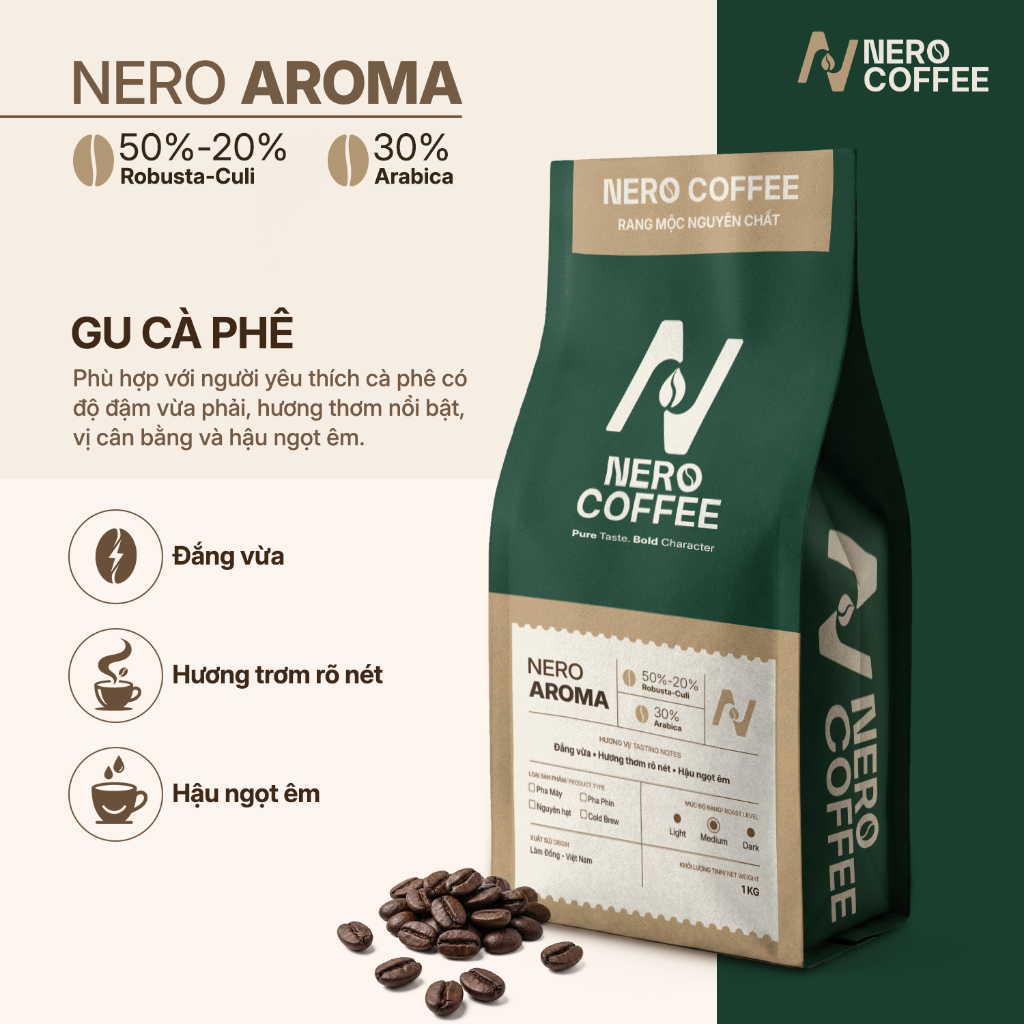 Cà phê NERO AROMA Blend Robusta Culi Arabica - Rang mộc nguyên chất, đắng vừa, hậu ngọt êm | NERO CO