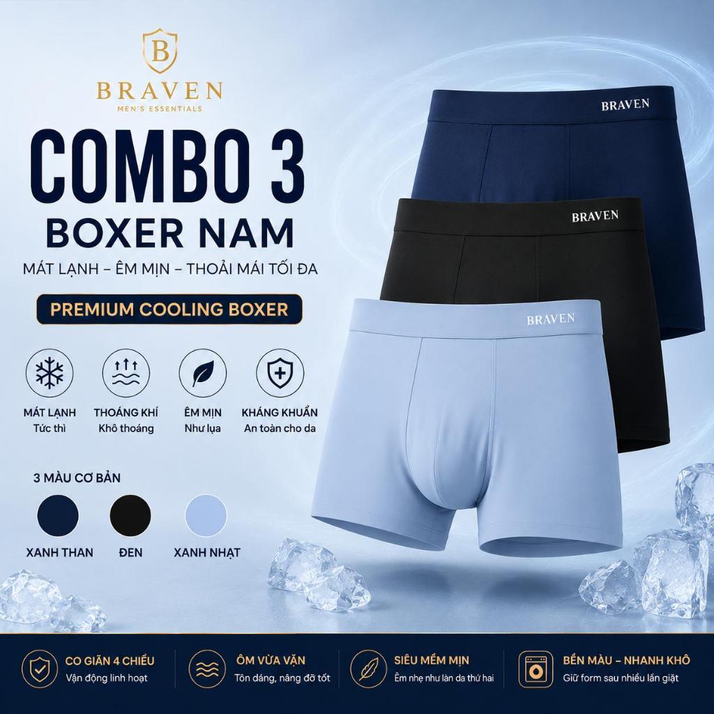 COMBO3 Quần Lót Nam BRAVEN Lụa Băng Cao Cấp | Boxer Nam Co Giãn 4 Chiều, Mềm Mịn, Mát Lạnh, Thoáng K