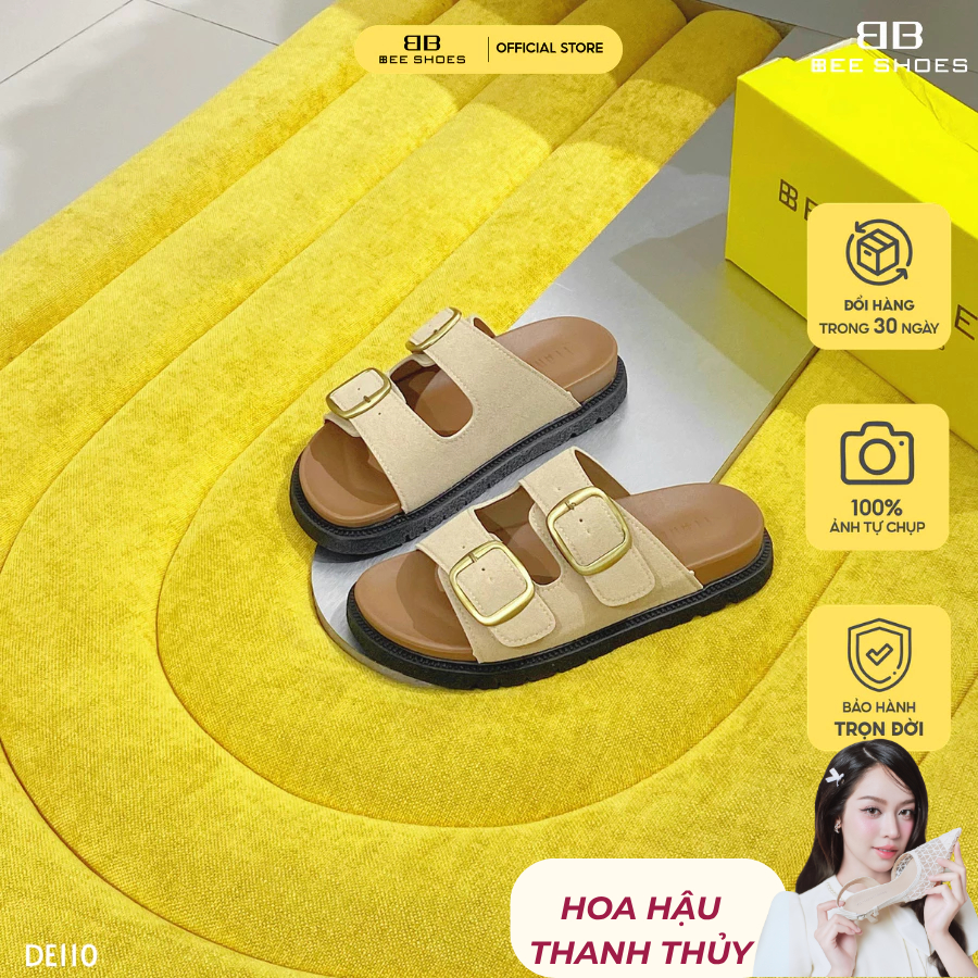 Dép nữ 2 quai ngang BEESHOES da lộn, mũi tròn đế bằng cao 3 phân sẵn màu kem - đen DE110