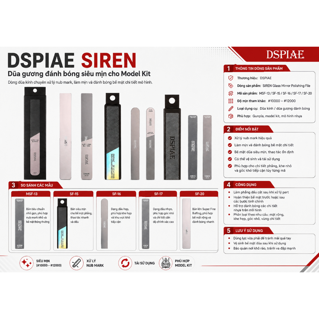Dũa Kính Nano DSPIAE Siren SF-15/SF-20/MSF-13 – Dũa Đánh Bóng Gương Xử Lý Nub Mark Gunpla Mô Hình DI