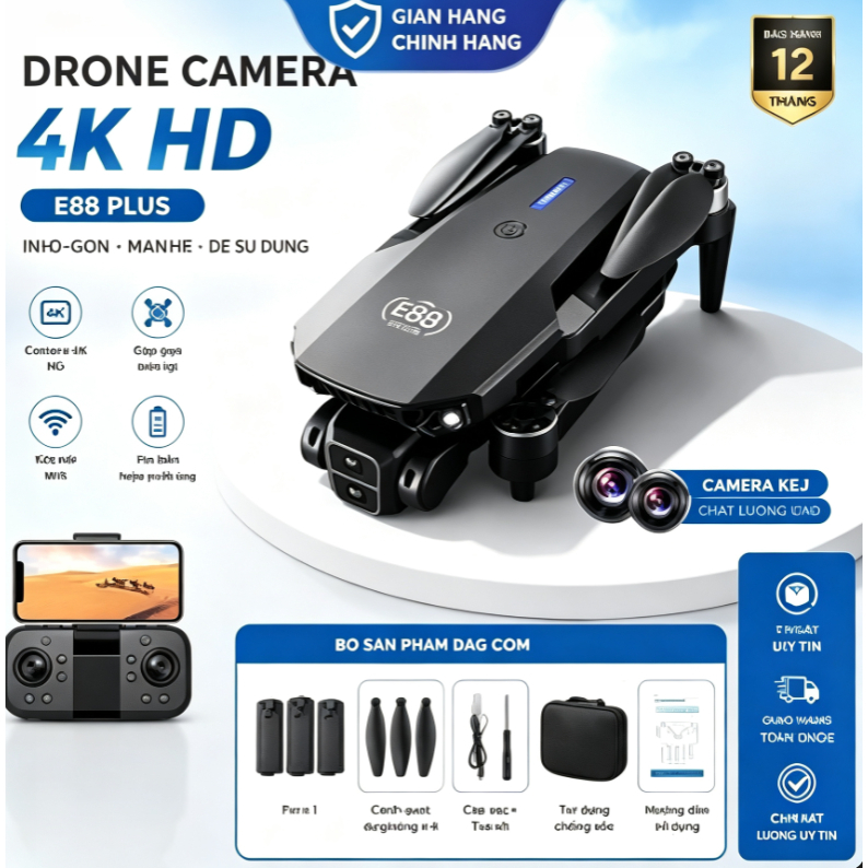 Flaycam mini giá rẻ E88 Plus, Máy bay điều khiển Bản nâng cấp mới nhất, Có 2 Camera Kép Siêu nét