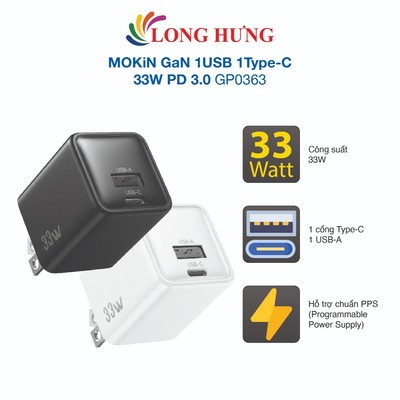 Cốc sạc MOKiN GaN 1USB 1Type-C 33W PD 3.0 GP0363 - Hàng chính hãng