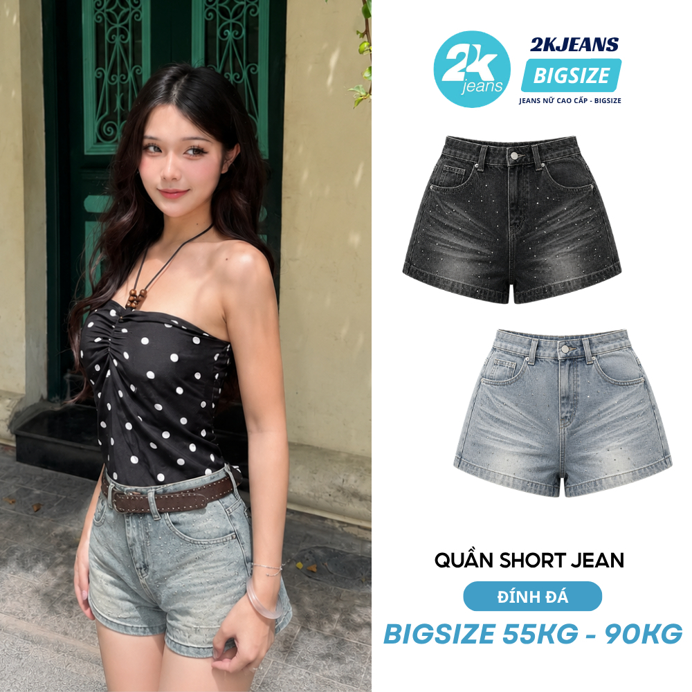 Quần Short Jean Trơn Lưng Thun Đính Đá Cá Tính Bigisze Cạo Cao Tôn Dáng Che Bụng QC1333 2KJeans