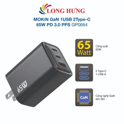 Cốc sạc MOKiN GaN 1USB 2Type-C 65W PD 3.0 PPS GP0664 - Hàng chính hãng
