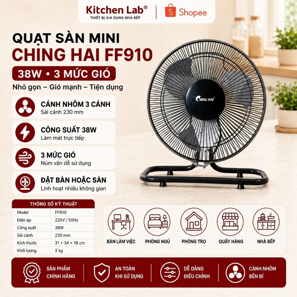 Quạt Sàn Ching Hai FF910 38W – Thiết Kế Nhỏ Gọn, 3 Cánh Nhôm Bền Bỉ, Công Suất 38W, Bảo Hành 12 Thán