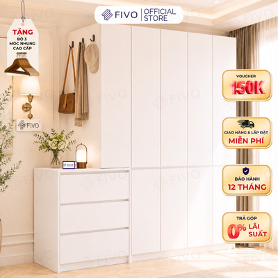 Tủ Đựng Quần Áo Gỗ Cao Cấp FC11 FIVO, Dày 17MM Cánh Mở Sâu 60cm Kèm Hệ Tủ Ngăn Kéo, Freeship+Free lắp đặt, Trả Góp 0%