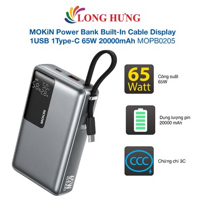 Sạc dự phòng MOKiN Power Bank Built-In Cable Display 1USB 1Type-C 65W 20000mAh MOPB0205 - Hàng chính hãng