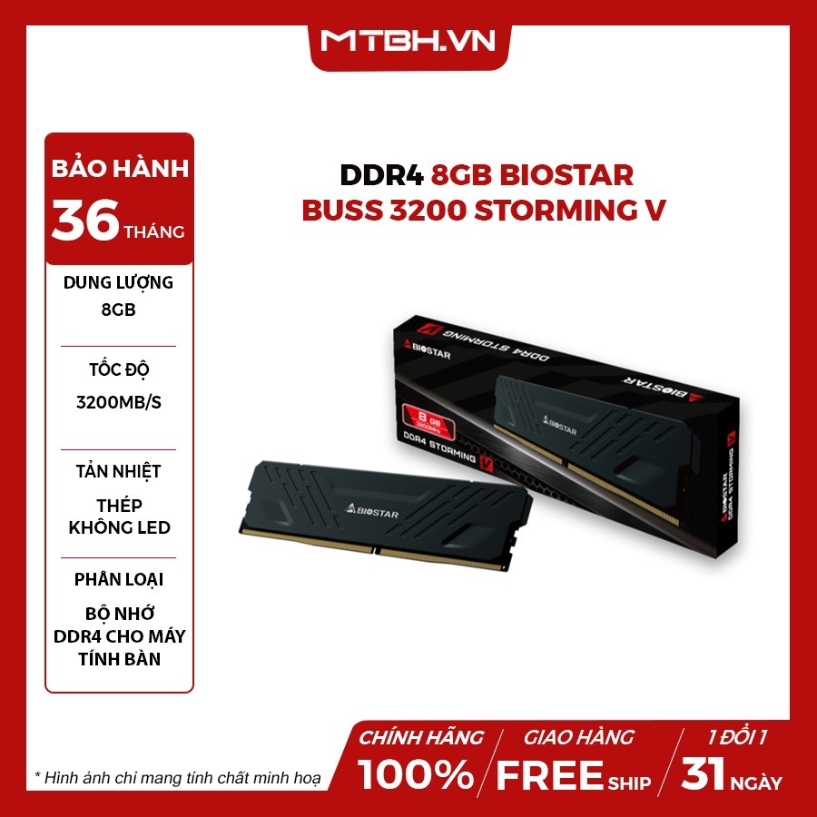 RAM DDR4 8GB BIOSTAR STORMING-V Bus 3200MHz Có Tản Nhiệt Nhôm - RAM Máy Tính PC Desktop Hỗ Trợ XMP 2