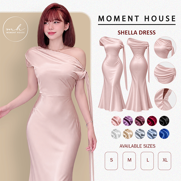 SHELLA DRESS | Đầm lụa lệch vai, chất phi lụa size S M L may 2 lớp form chuẩn thiết kế