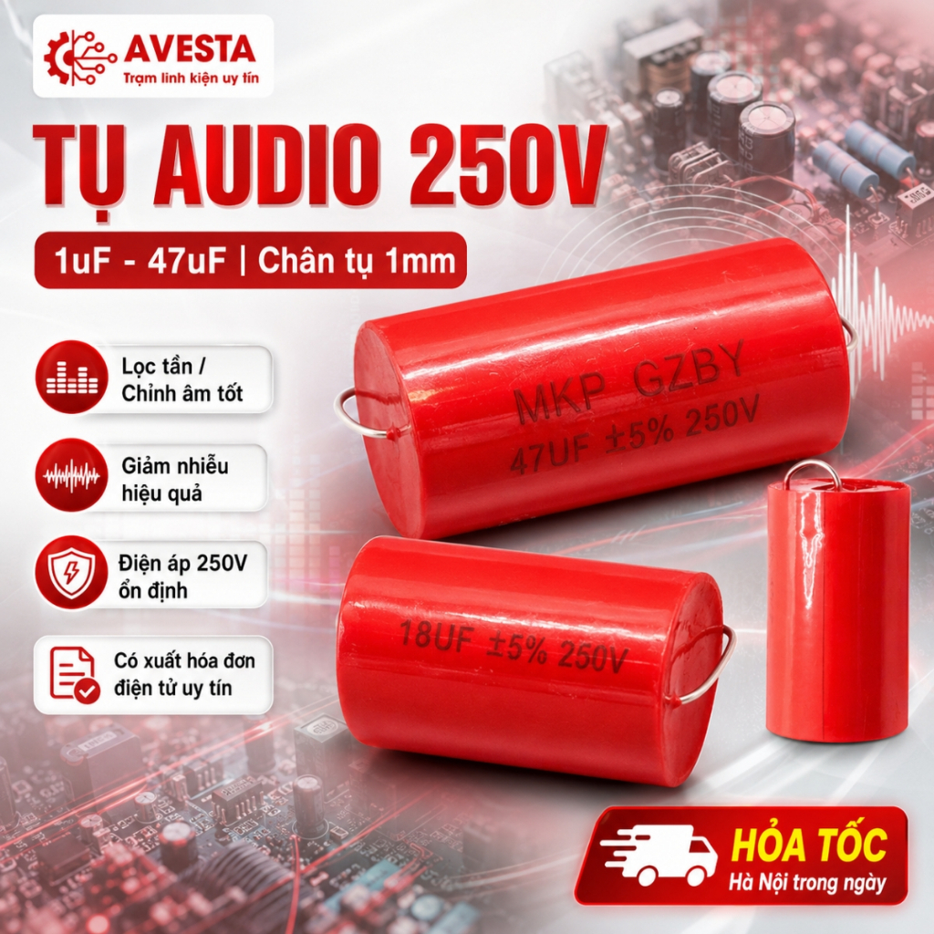 Tụ Audiophiler tụ audio 250V 1uF - 47uF màu đỏ lọc tần giảm nhiễu cực tốt avesta
