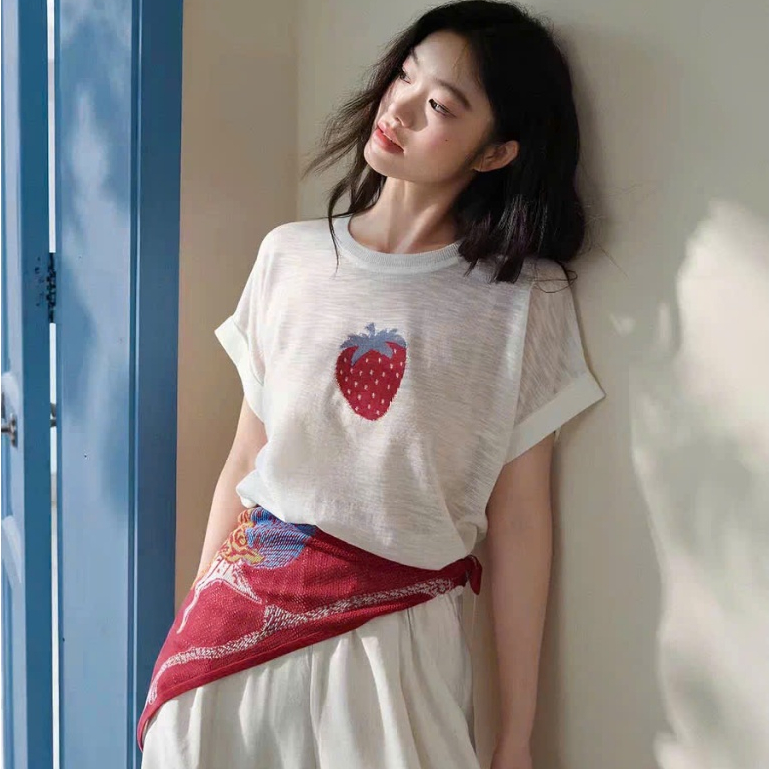 NATSUSHI Studio cover KUOSE - A01 Áo kiểu pháp tay ngắn dâu tây