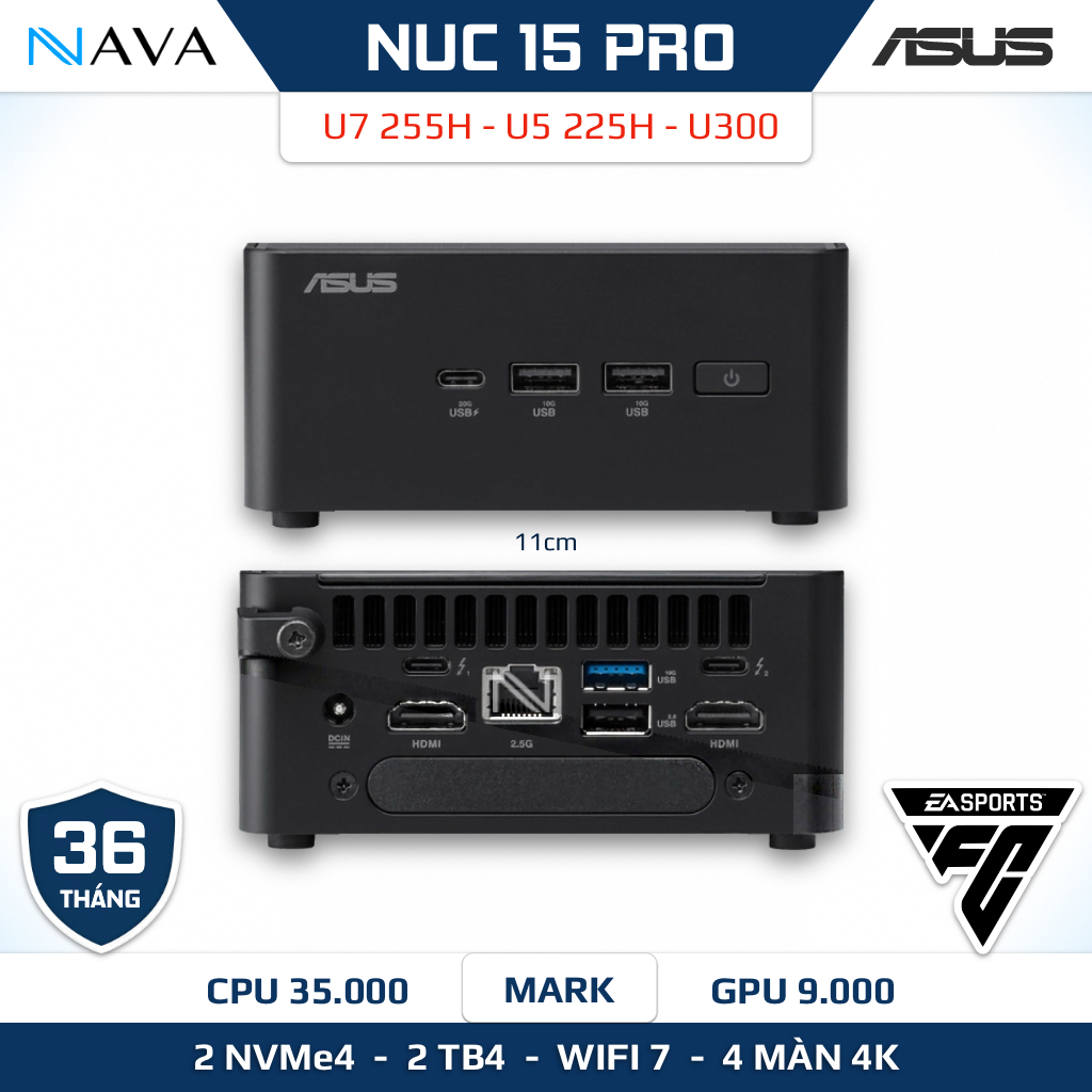Mini PC ASUS NUC 15 PRO | Core Ultra 7 255H / U5 225H | Máy tính AI nhỏ, Oculink, DDR5 | Chính Hãng