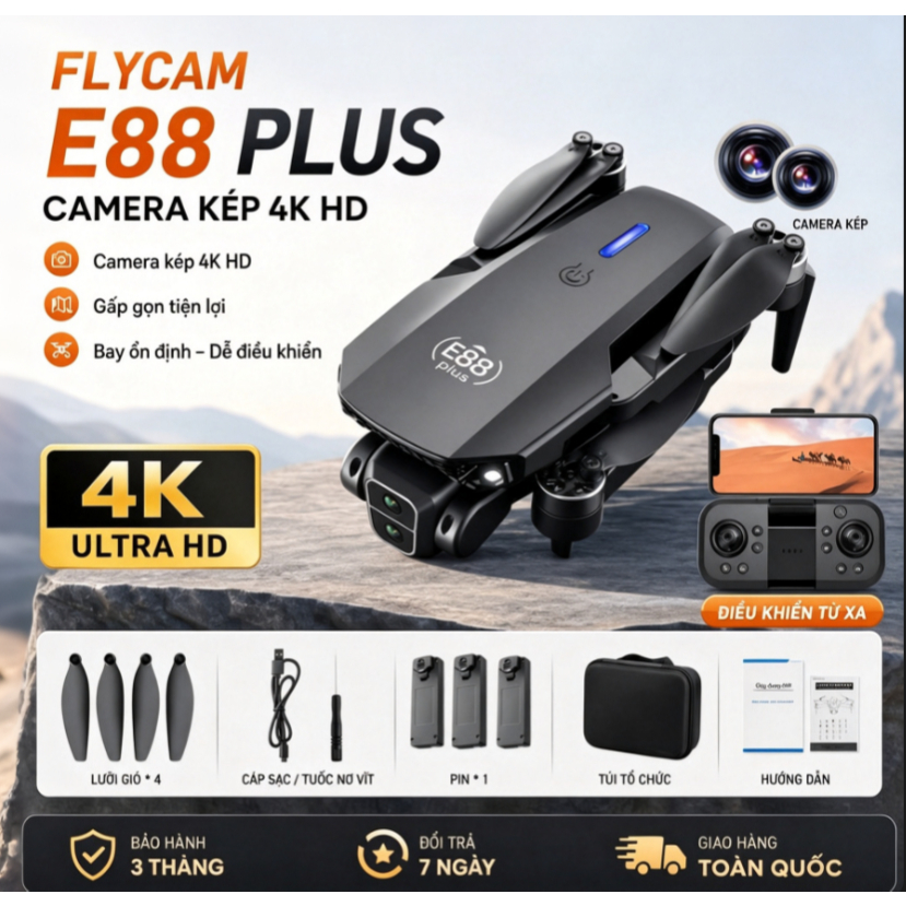 Flycam Drone Mini E88 Plus Bản Nâng Cấp Mới Nhất 2 Camera Siêu Nét Giá Rẻ Dễ Bay | Sẵn Hàng Ship Hỏa