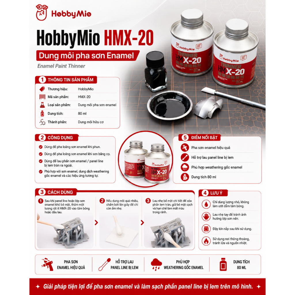 Dung Môi Enamel HobbyMio HM X-20 Thinner 80ml – Pha Sơn Enamel Panel Line Wash Lau Mô Hình Gunpla