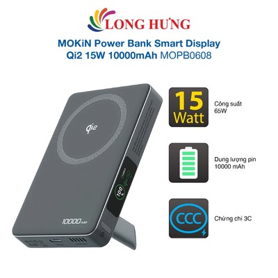 Sạc dự phòng từ tính không dây MOKiN Power Bank Smart Display Qi2 15W 10000mAh MOPB0608 - Hàng chính hãng