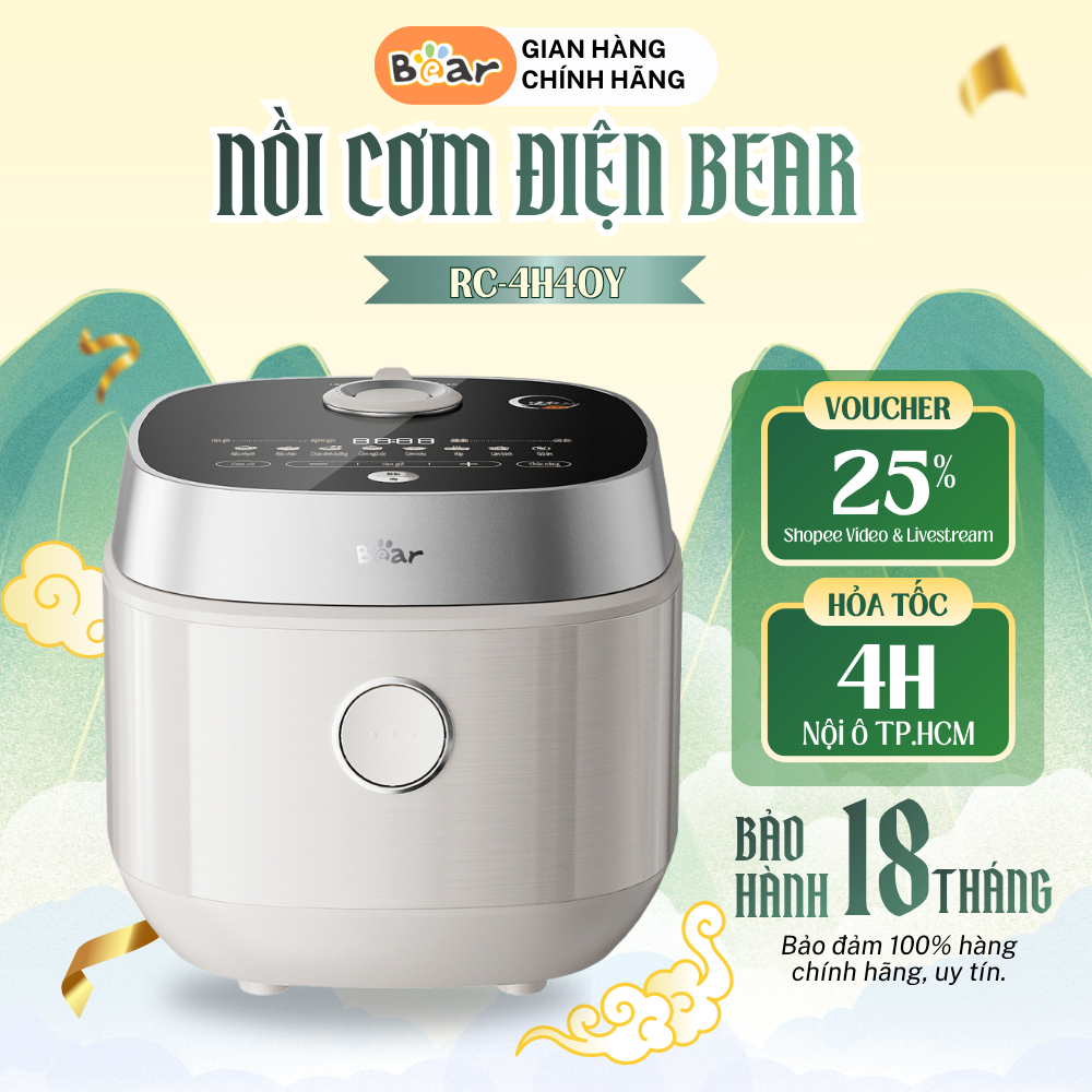Nồi Cơm Điện Tử Bear 1.5L RC-4H40Y Lòng Gang Tráng Men Sứ 9H Nấu Cơm Niêu Chuẩn Vị Ngon