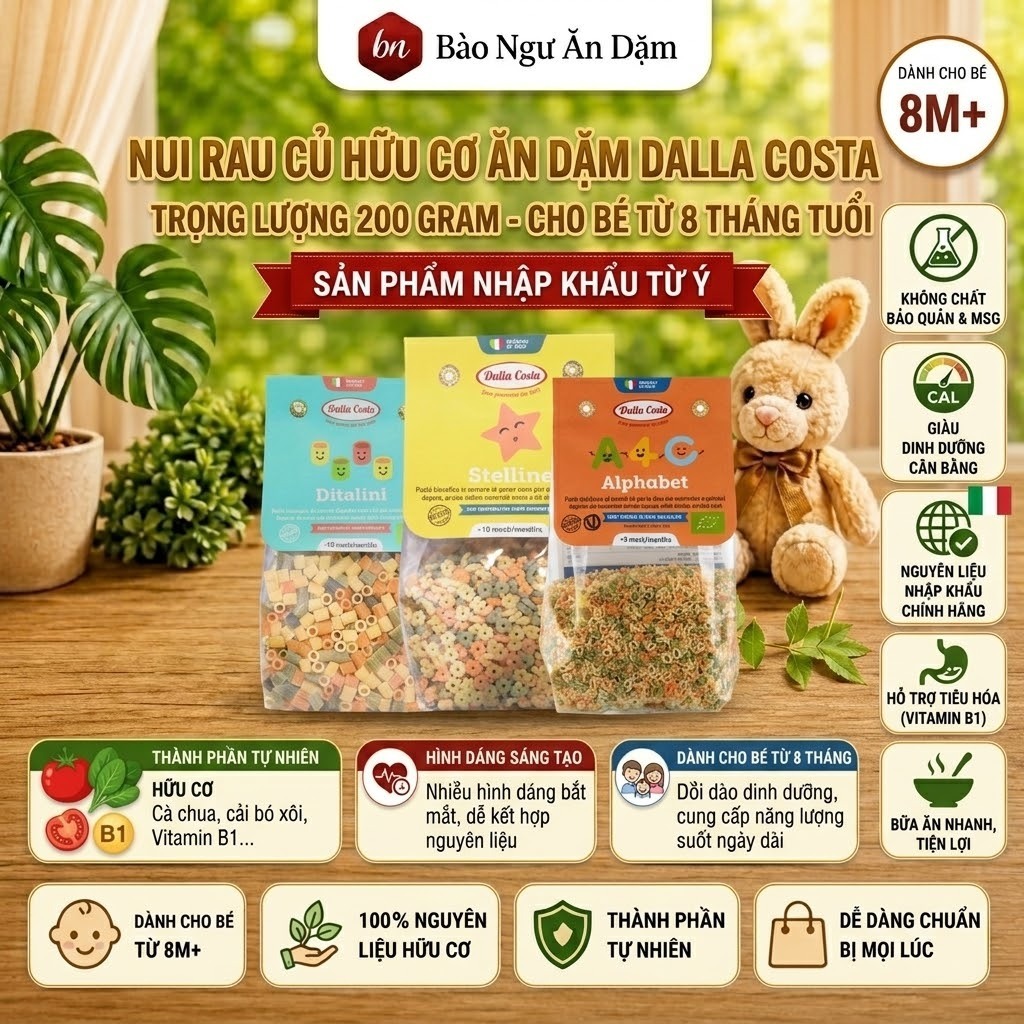 Nui Rau Củ Hữu Cơ Ăn Dặm Cho Bé Dalla Costa 200 gram cho bé từ 8 tháng tuổi - NUI ALB GOLD