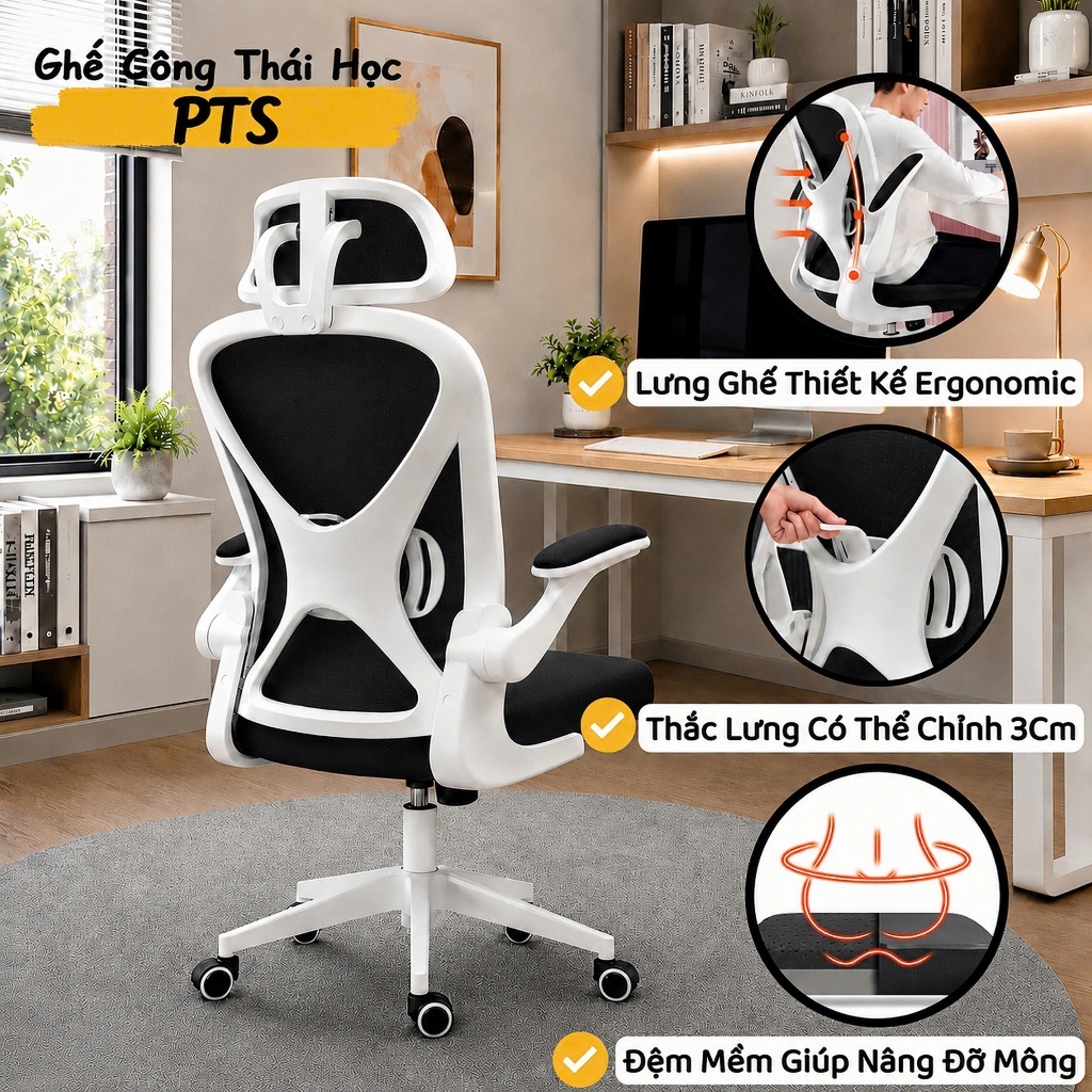 Ghế Công Thái Học {PTS}, Lưng Ghế Thiết Kế Công Thái Học Bảo Vệ Cột Sống, Tay…