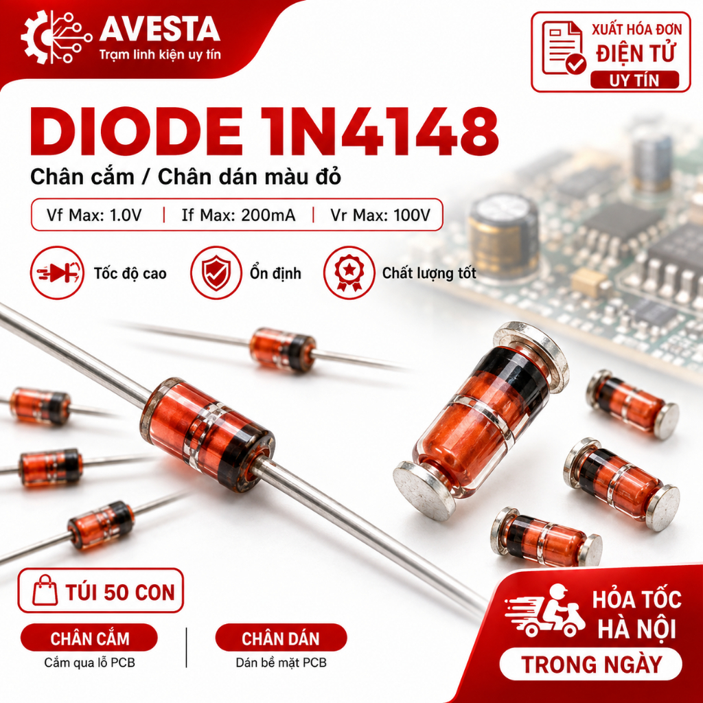 Diode 1N4148 chân cắm/ chân dán màu đỏ túi 50 con loại tốt Avesta