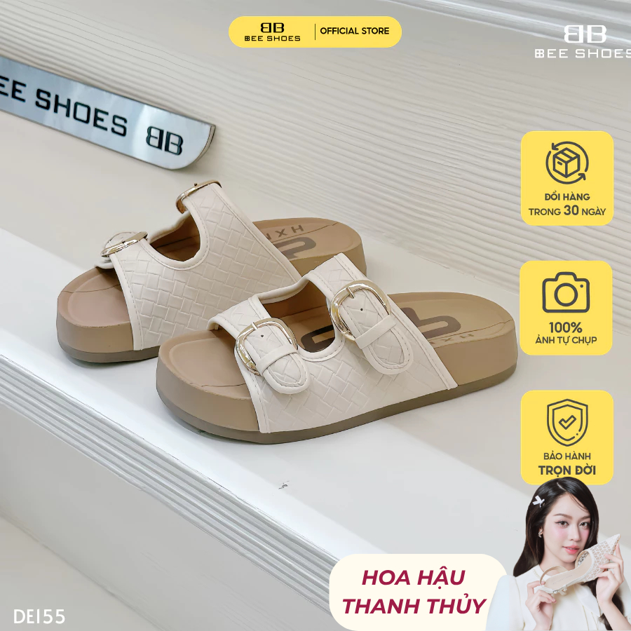 Dép nữ BEESHOES 2 quai ngang, da vân mũi tròn đế bằng cao 3 phân sẵn màu kem DE155 (Form 1.5)
