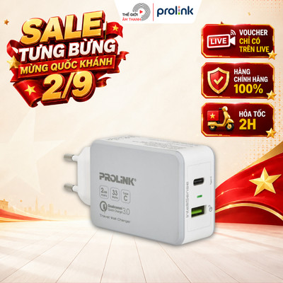 Sạc nhanh 2 cổng Prolink, PTC23301 (1 USB QC3.0, 1 Type C) - Bộ sạc nhanh - Củ sạc nhanh QC3.0 - THẾ GIỚI ÂM THANH