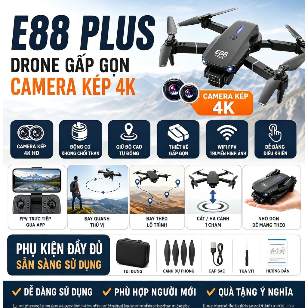 Flycam E88 Plus Camera Kép 4K HD, Motor Không Chổi Than, Gấp Gọn, Chụp Ảnh Từ Trên Cao E88 Plus Dron