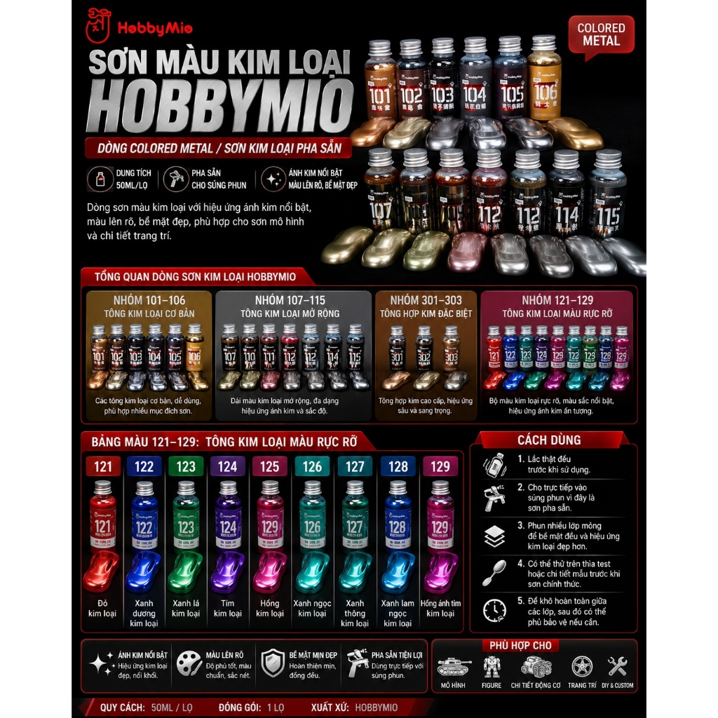 Hobby Mio Metallic Paint – Sơn Metallic Pha Sẵn Airbrush Cho Gundam Mecha Figure