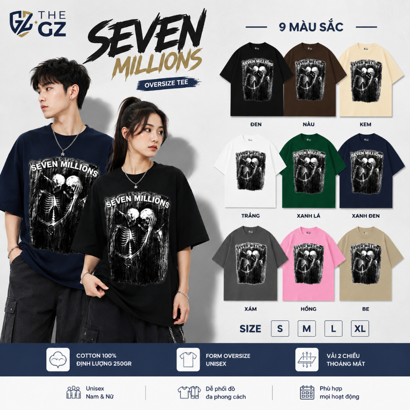 Áo Thun Oversize Unisex THE.GZ Nam Nữ Seven Millions- Cotton 250G, Áo Thun Phông Rộng Tay Lỡ, Vải Th