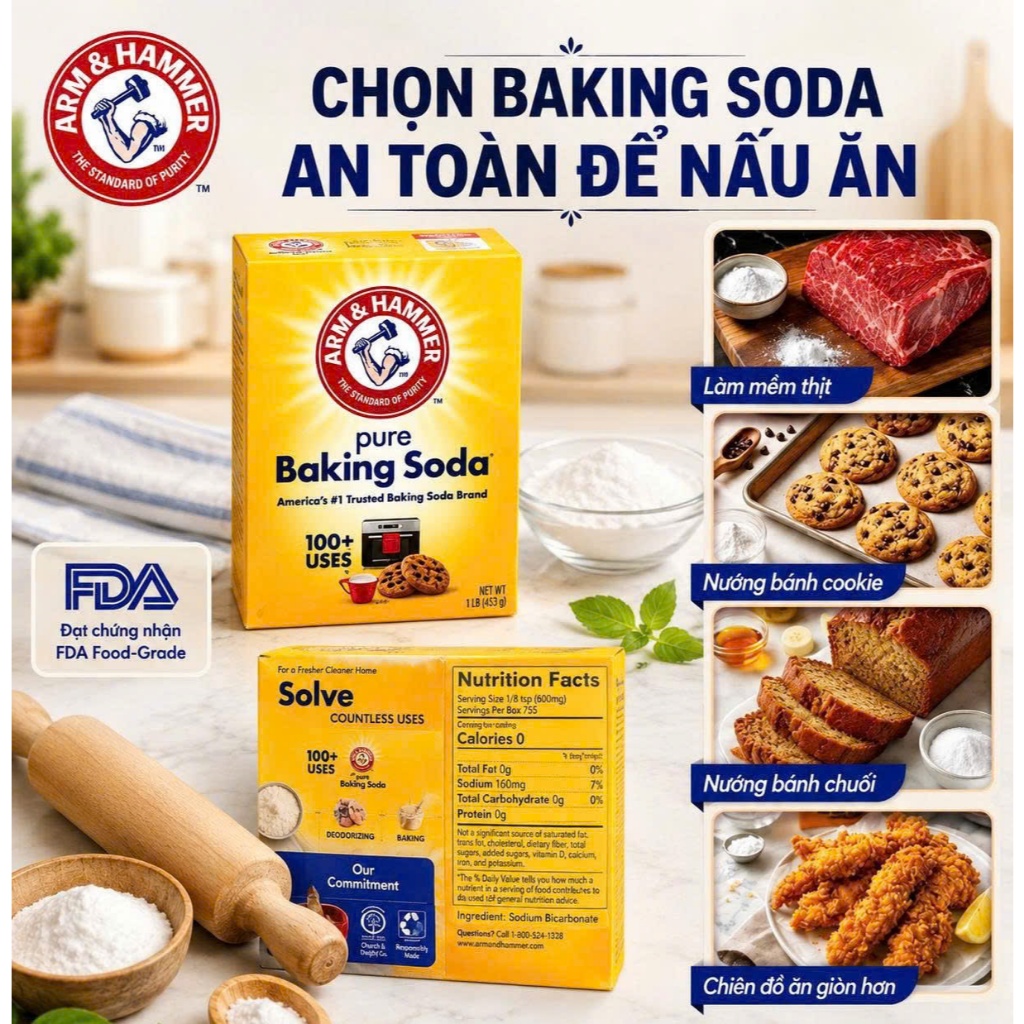 Arm & Hammer Baking Soda Nhập Khẩu Mỹ – 100g/266g/453g – Bột Pure Baking Soda Đa Năng Làm Bánh, Làm 