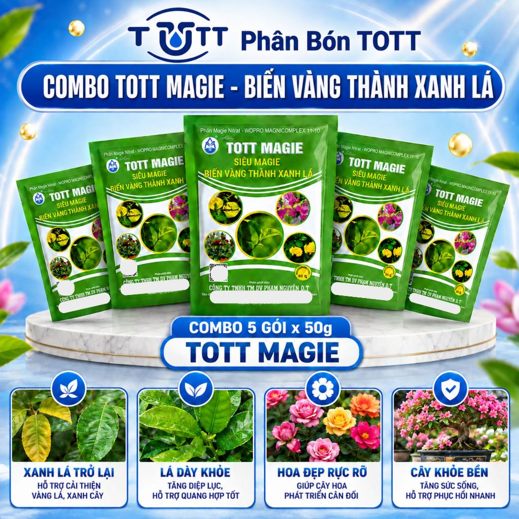 Phân bón xanh lá, chống vàng lá, phân bón cây cảnh siêu magie, Tott Magie combo 5 gói 50gram, phân b