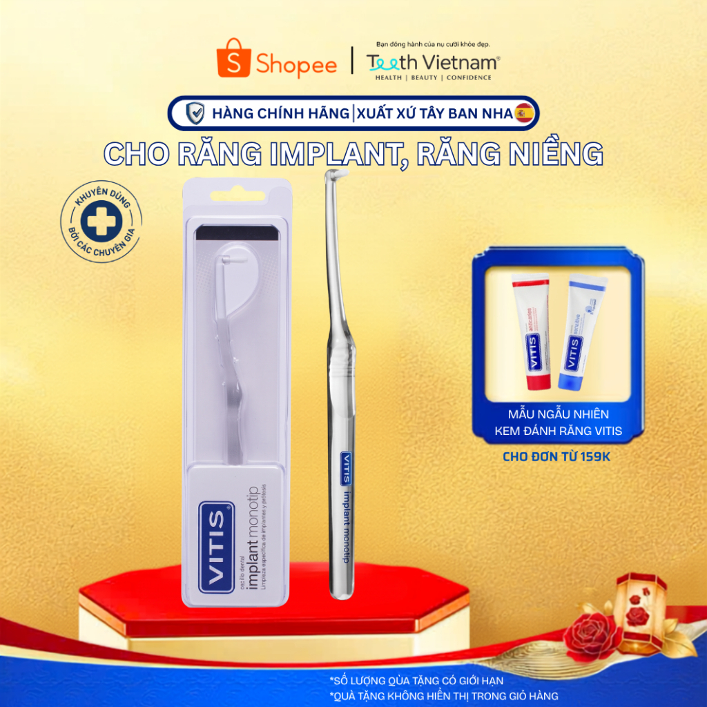 Bàn Chải Đánh Răng Vitis Implant Monotip - Đầu Chùm Nhỏ Làm Sạch Răng Implant, Răng Niềng