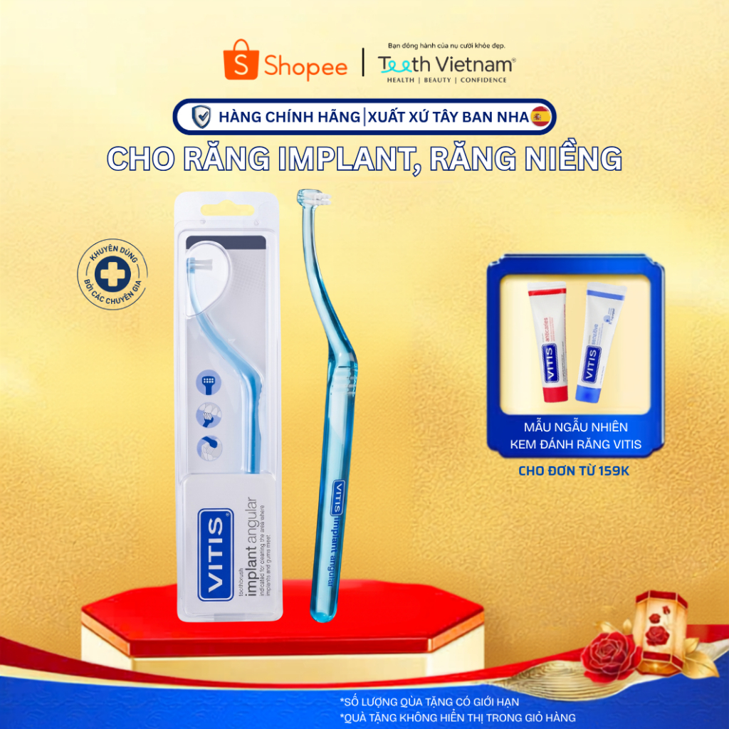 Bàn Chải Đánh Răng Vitis Implant Angular - Cổ Cong 45 Độ Chuyên Sâu Cho Răng Implant, Răng Niềng