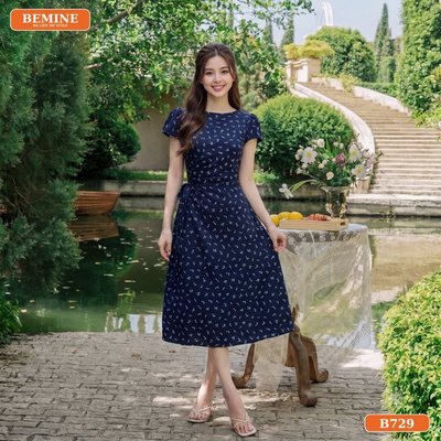 Đầm thiết kế BEMINE cổ tròn nhún eo có dây nơ dáng chữ A phù hợp đi làm-B729