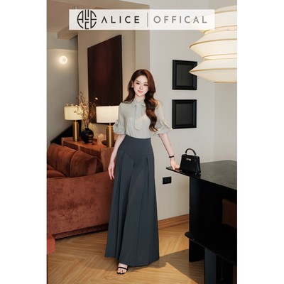 Set Công Sở Alice Áo Linen Cổ Sơ Mi Kèm Cà Vạt Mix Quần Ống Rộng Chéo Hàn Cạp Cao Dáng Xoè Sang Trọng S1119