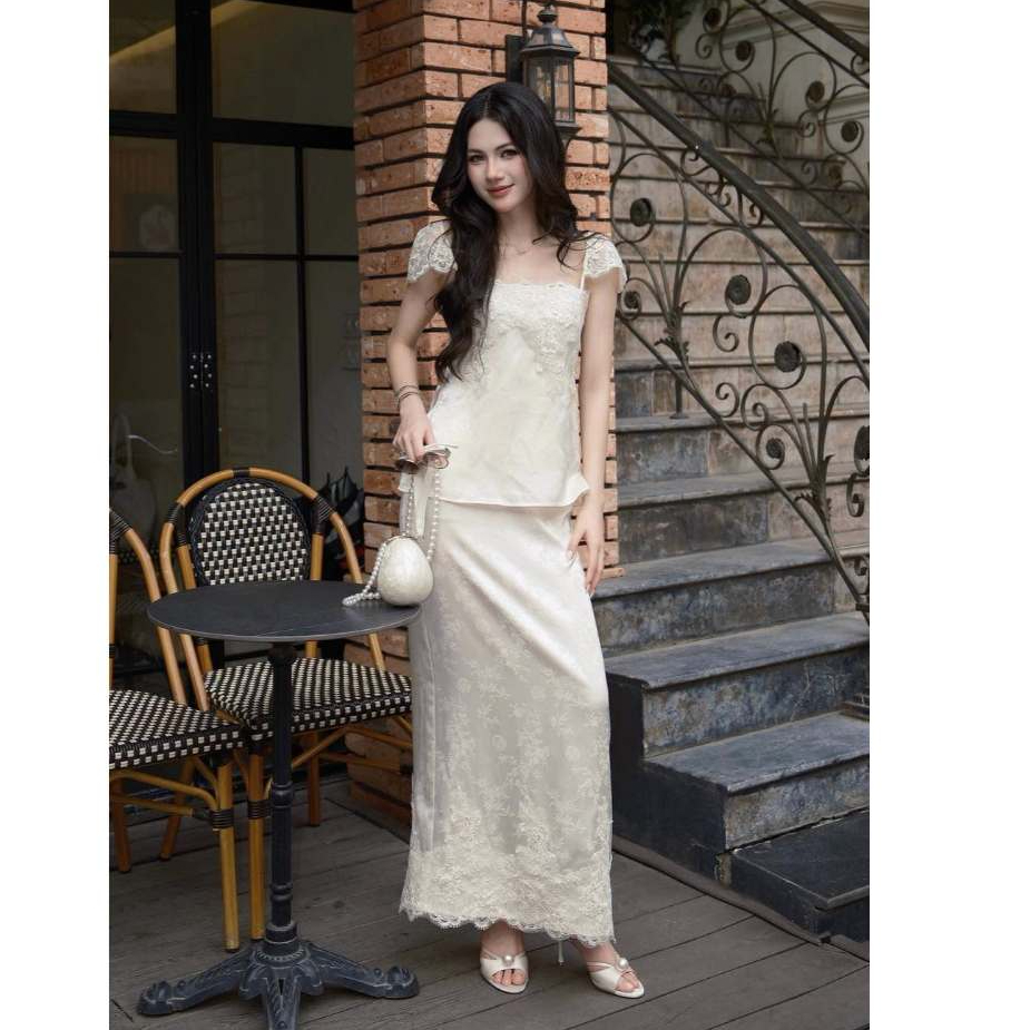 MI2208- SET ÁO CỘC TAY VAI NGANG MIX CHÂN VÁY DÁNG DÀI NỮ REN