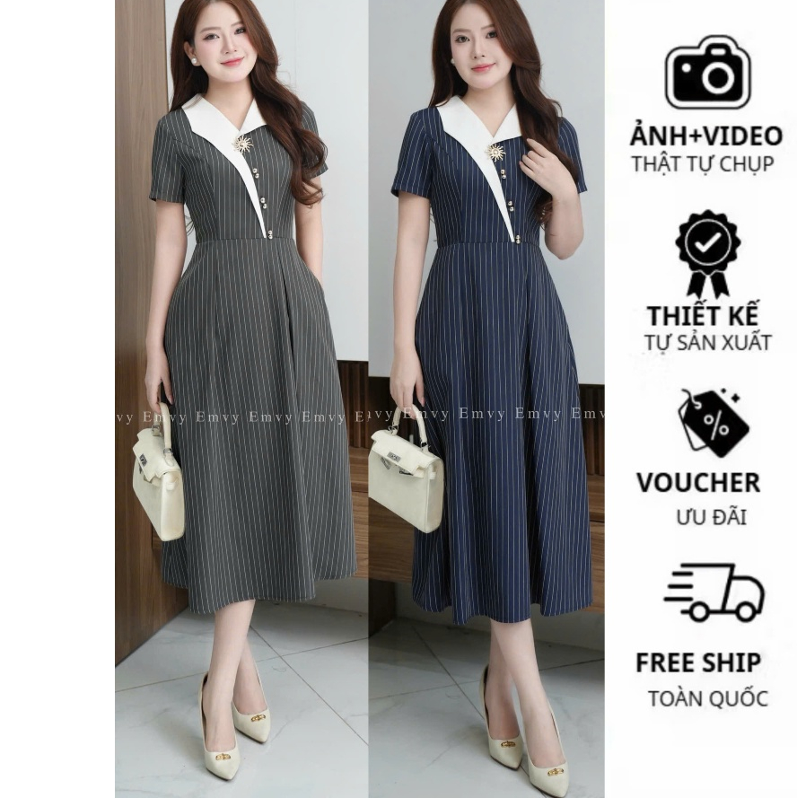 Váy Công Sở Kẻ Sọc Dáng Dài Cổ Vest Tay Ngắn Thanh Lịch Đi Làm Đi Chơi Emvy Fashion K101