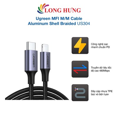 Cáp USB Type-C to iP Ugreen M/M Cable Aluminum Shell Braided 1m US304 - Hàng chính hãng