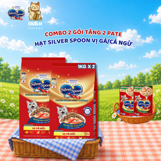[Combo 2] Thức ăn hạt cho mèo Silver Spoon giàu thịt, đạm gói 1kg vị Gà - Cừu & Cá Hồi