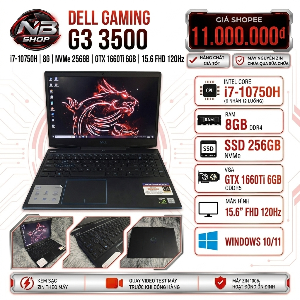 LAPTOP DELL GAMING G3 3500, I7 10750H, 8G, NVMe 256GB, GTX 1660Ti 6GB, MÀN 15.6 FHD 120Hz, LED XANH