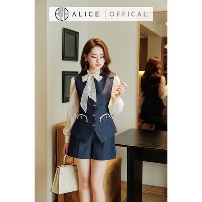 Set Công Sở Cao Cấp Alice, Áo Sơ Mi Ren Cổ Phối Dây Nơ + Set Gile Bò Lụa Đính Đá Nữ Tính A1137+S1137
