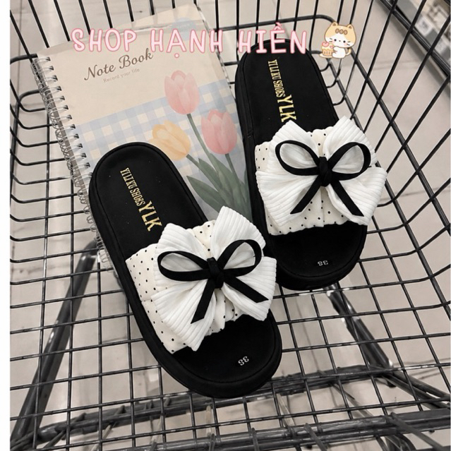 Dép Nữ N07** Quai Ngang Chấm Bi Nơ Bằng Vải Cao 3cm Nhẹ Chân Đế Da Mềm Trẻ Trung Năng Động Xinh Xắn - Dép