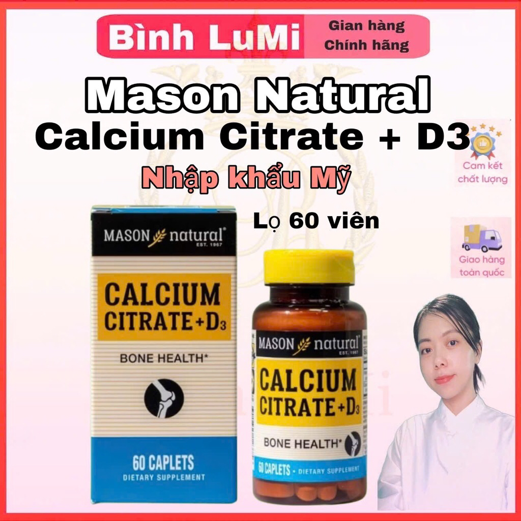 Canxi Citrate D3 - Mason natural Mỹ - calcium citrate + d3 bổ sung canxi hữu cơ cho cơ thể hộp 60 vi