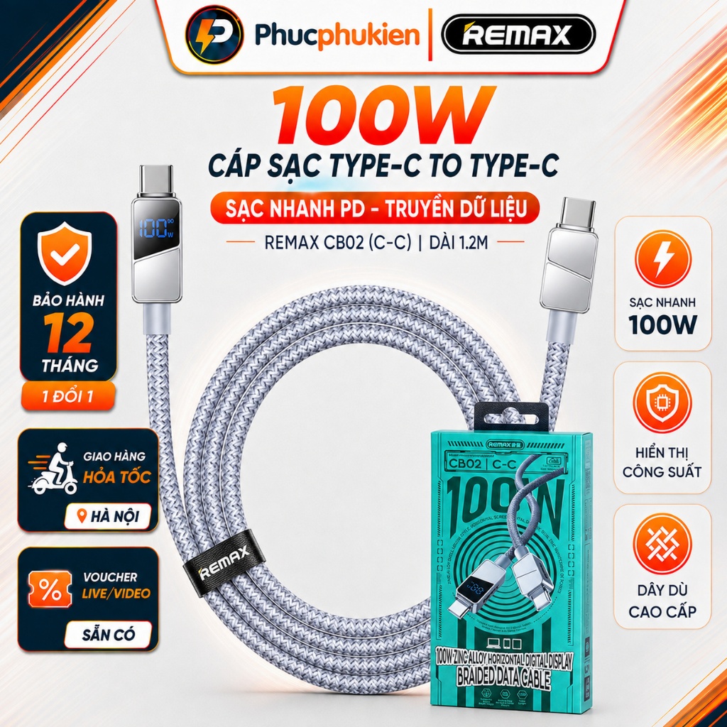 Dây sạc 100w type c to type c Remax CB02 sạc nhanh 100w cho điện thoại máy tính bảng - Phúc Phụ Kiện