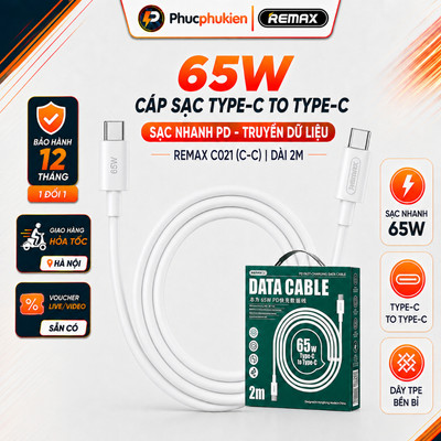 Dây sạc typec to type c Remax C021 dài 1m sạc nhanh 65w chuẩn PD cho 15 16 series - Phúc Phụ Kiện