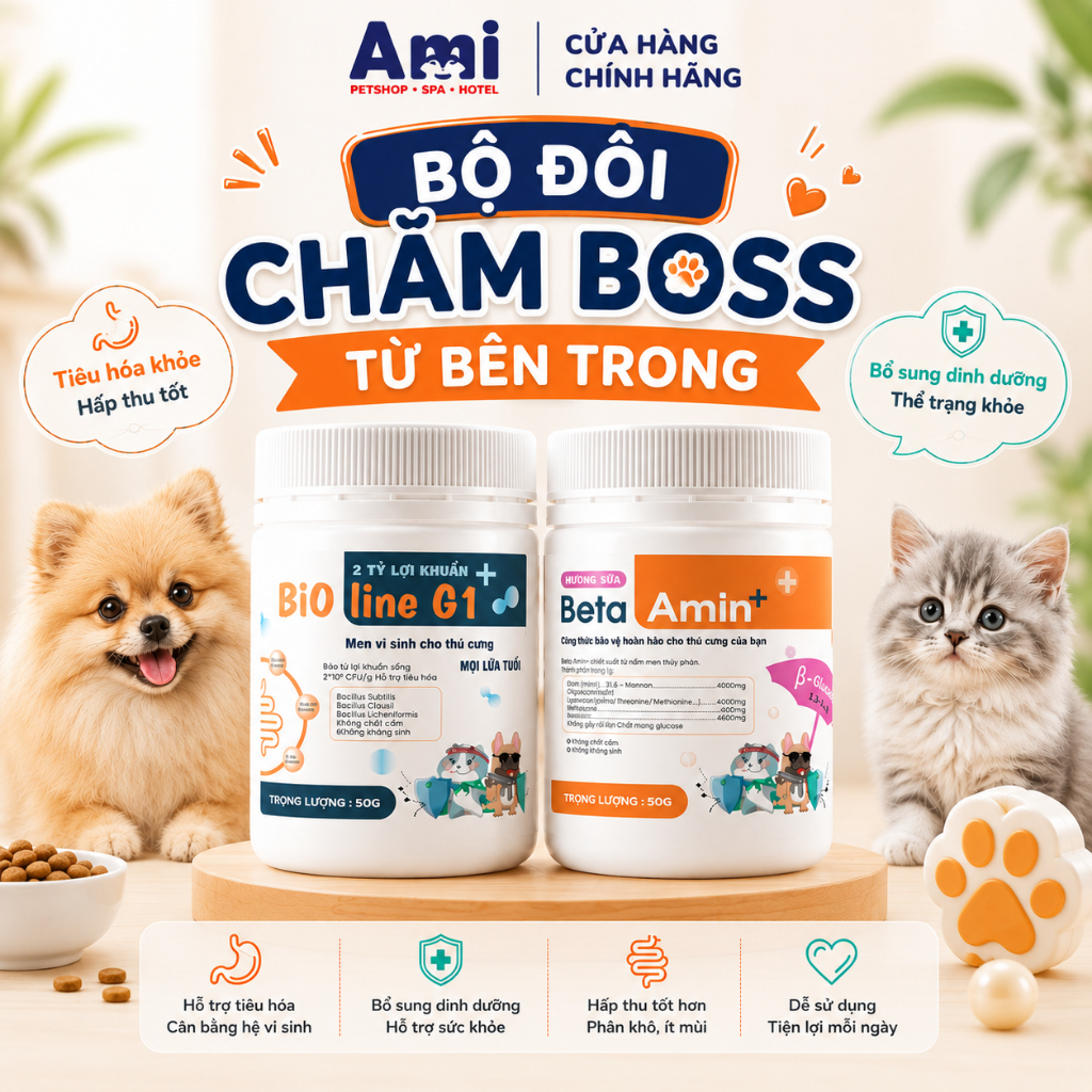 Men vi sinh BIOLINE*G1 + Men BENTA* AMIN - Hỗ trợ chó mèo biếng ăn, tiêu hoá kém, tăng sức đề kháng