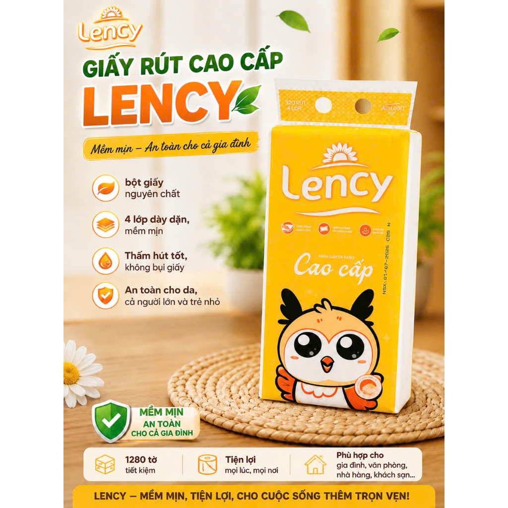 Giấy rút Lency. Trắng mịn giai không bụi giấy. 1280 tờ / 320 rút + 3%