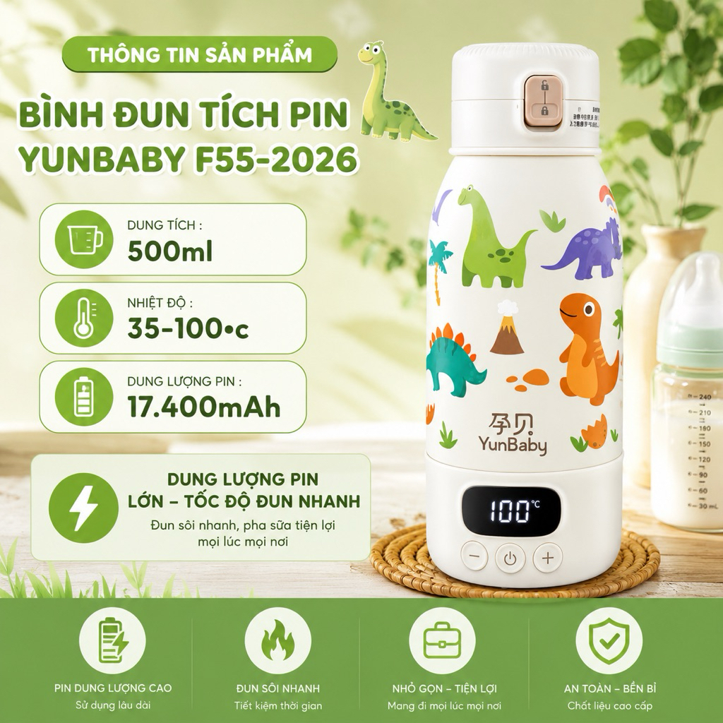 (Yunbaby )Bình đun tích pin di động pha sữa Yunbaby F55-2026 hoạ tiết dung tích 500ml ( bản nội địa 