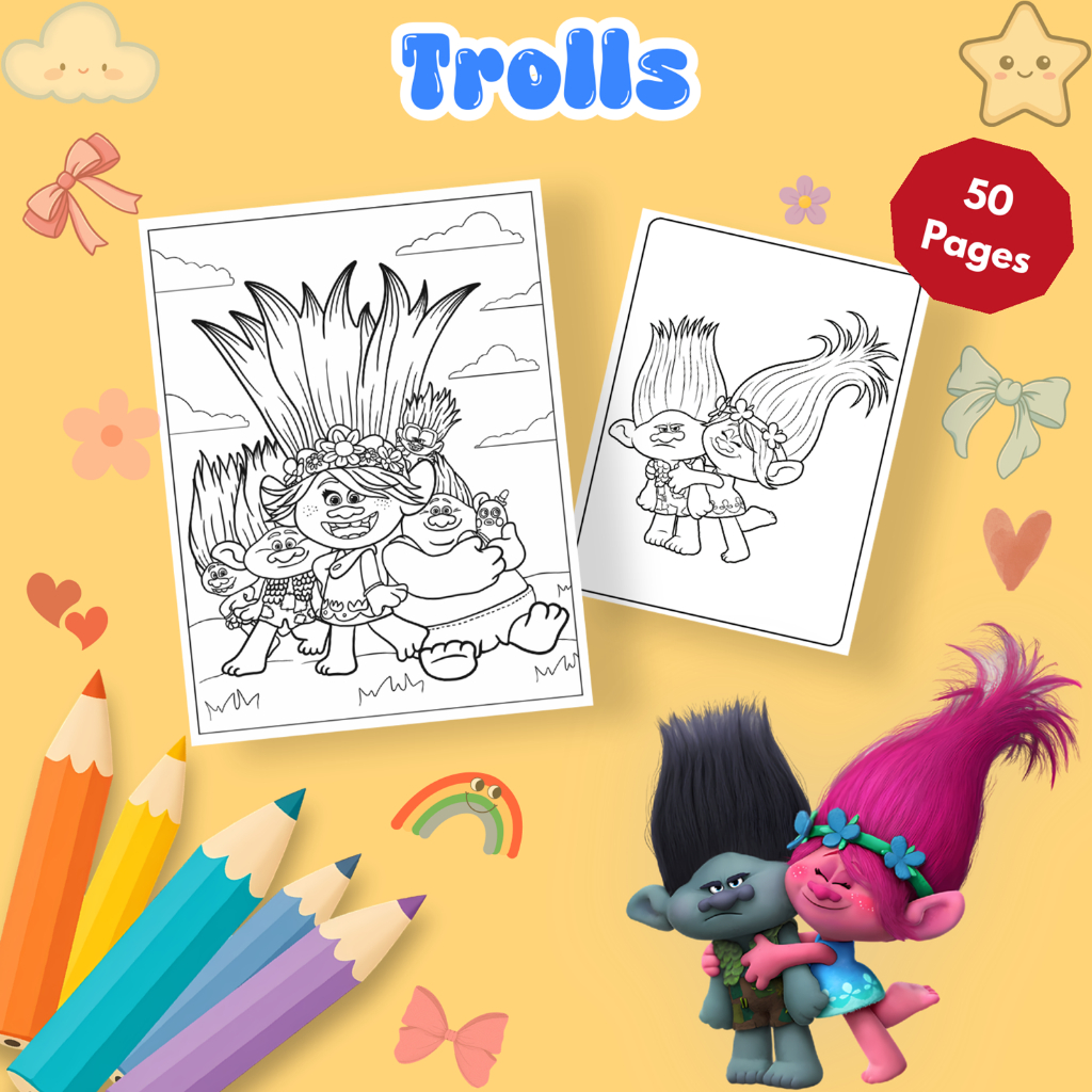 Bộ 50/25 tờ tranh tô màu, tranh tập tô cho bé hình Quỷ lùn tinh nghịch Trolls giấy A4, A5 M0383TL