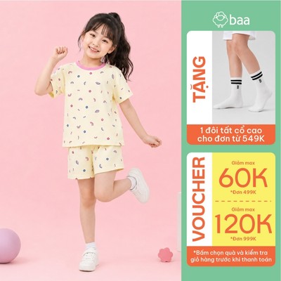 [Đơn 549k nhận 1 đôi vớ] Bộ Đồ Bé Gái Ngắn Tay Mùa Hè Thoáng Mát, Mềm Mịn (1-10 tuổi) Baababy DB06N