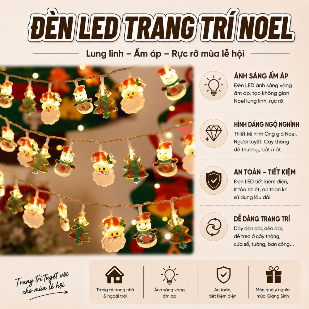 Đèn Tranng Trí Noel, Đèn Led Hình Ông Già Noel , Đèn Trang Trí Giáng Sinh Dài 3M- Đèn Led Trang Trí 